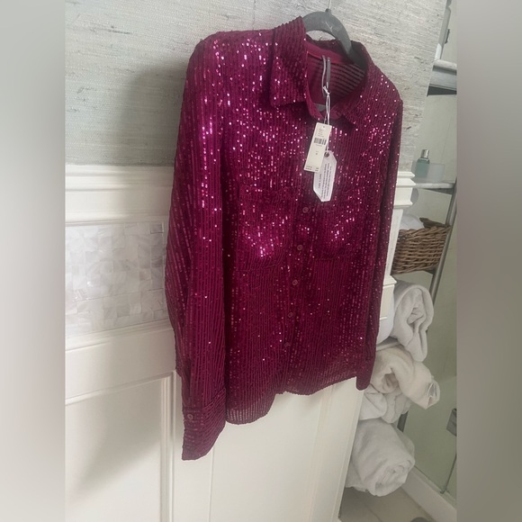 NWT new medium Anthropologie Remoe sequin button down shirt raspberry pink red - Picture 8 of 13